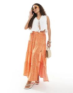 Юбка макси Miss Selfridge Petite с боковыми разрезами, многоуровневая, с оранжевым цветочным принтом