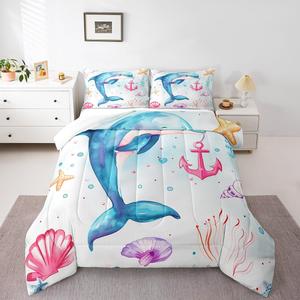 Erosebridal Комплект постельного белья Cute Dolphin с милыми дельфинами и морскими животными в синих тонах, Blue