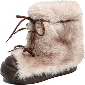 Женские зимние сапоги из искусственного меха, платформенные сапоги средней длины, пушистые и мягкие, теплые, зимние, в стиле Y2K, милые Generic, Apricot