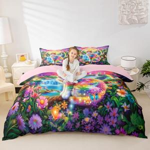 Erosebridal Комплект постельного белья Girls Rainbow Cat с милыми котиками, фантазийными цветами и бабочками в кавай стиле, Pink Green Purple