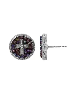 Серьги-Пуговицы с круглым крестом из оловянного фиолетового бисера Symbols Of Faith, purple