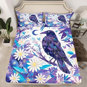 Erosebridal Готический комплект постельного белья Raven с фиолетовыми цветочными узорами и воронами, Purple White
