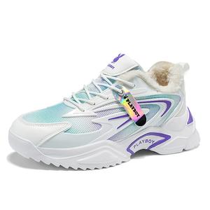 Playboy Мужские низкие массивные кроссовки бело-фиолетовые с флисовой подкладкой, цвет White Purple[Fleece-Lined]