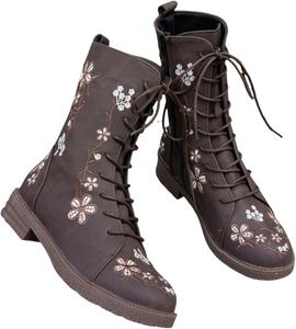 Женские боевые ботинки с цветочной вышивкой на шнуровке, кожаные, массивный каблук-блок, средний каблук, ботильоны с круглым носком, до середины икры, для езды Generic, Coffee