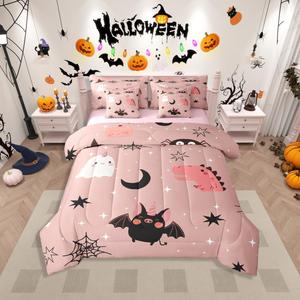 Erosebridal Комплект постельного белья Happy Halloween с милыми привидениями и паутиной, из мягкого материала для детей и подростков, Pink Black