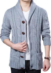 Мужской кардиган с воротником-шалью, длинными рукавами и карманами