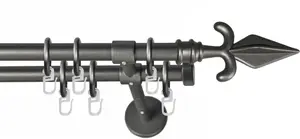 Карниз GARESA "РУСТИКА", 2 направляющие, желаемая длина, комплект штор в стиле рустик, выдвижной, с кольцами, концевая кнопка стрелка 290 см, Ø16мм, цвет graphit