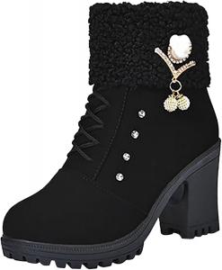 Женские зимние ботиночки на шнуровке с меховой подкладкой для холодной погоды, утепленные наружные ботинки, кружевные с круглым носком, плюшевой подкладкой и массивным каблуком, термоботинки для снега Generic, Black