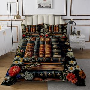 Erosebridal Комплект постельного белья Library Books с ретро-принтом книжных полок и цветочным узором, мягкий и дышащий, в красно-бело-коричневых тонах, Brown Red White