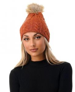 Женская шапка-бини с помпоном из искусственного меха, вязка косами Marcus Adler, красный