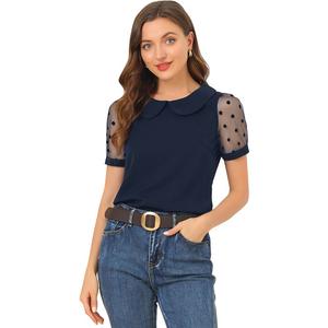 Женская винтажная блузка с сетчатыми рукавами в горошек и воротником Питера Пэна, короткий рукав ALLEGRA K, цвет Navy Blue