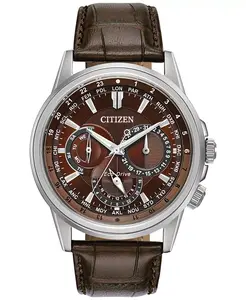 Мужские часы Eco-Drive Calendrier с коричневым кожаным ремешком, 44 мм Citizen