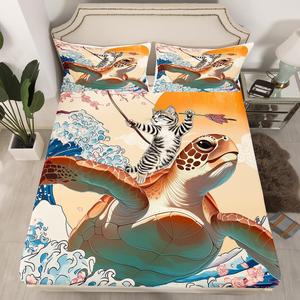 Erosebridal Комплект постельного белья Funny Anime с японской сакурой и морскими животными, Beige Navy Brown Grey