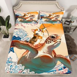 Erosebridal Комплект постельного белья Funny Anime с принтом корги на морской черепахе и японской сакурой из хлопка, Navy Beige Brown