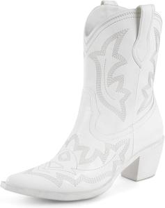 Женские ковбойские сапоги MISSMILLER - высокие сапоги до колена с ретро-вышивкой в виде цветов, массивным каблуком, заостренным носком, классические ретро-сапоги в стиле вестерн с боковой половинной молнией для женщин, White-Ankle