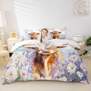 Erosebridal Комплект постельного белья Highland Cow с милыми коровами, садовыми маргаритками и лавандовым цветом, Brown Purple White