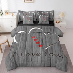 Erosebridal Комплект постельного белья I Love You с романтичным принтом в виде сердечек, Gray Red White
