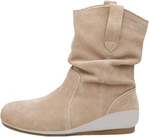 Женские замшевые сапоги средней длины с низким скрытым клиновидным каблуком, с круглым носком, свободного кроя, на короткой резинке, короткие сапоги для верховой езды Generic, Beige