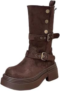 Зимние и осенние полусапоги средней длины с толстой подошвой и дизайном с пряжкой. Два способа ношения. Модные и универсальные. FmShi, Coffee Color