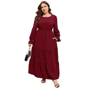 Женское платье макси с длинным рукавом, круглым вырезом и карманами Clearflower, Wine Red