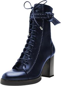 Женские ботильоны FOWT на платформе с круглым носком, грубым высоким каблуком, шнуровкой, ремешком на щиколотке и заклепками, размеры 4-16 US, Navy