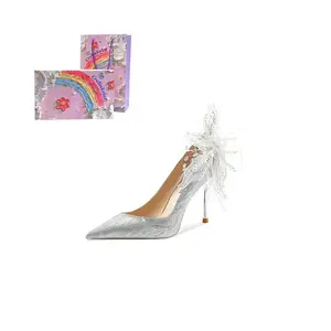 Crelinkxlat Туфли-лодочки "Begonia For You" на тонком каблуке для женщин серебристые серебро 8 см[Сердце](в коробке), цвет Silver 8cm[Heart](Box Included)