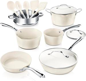 Набор кастрюль и сковородок Gotham Steel Hammered с антипригарным покрытием, 15 шт, кремовый