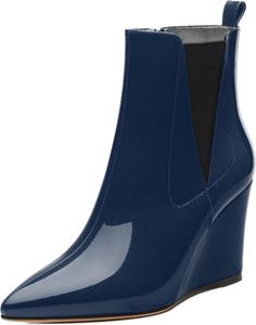 Женские ботильоны, с острым носком на высокой танкетке, короткие сапожки с боковой молнией и эластичной вставкой, высота каблука 3,3 дюйма MISEZOXI, Navy Blue Patent