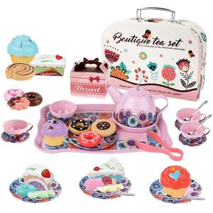 Большой чайный сервиз с цветочным рисунком, кувшин, поднос, чашки, сладости и щипцы. Inna marka