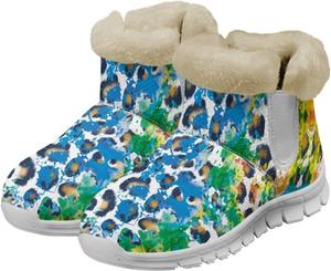Gekhuqory Женские зимние снегоходные сапоги с принтом коровы и леопарда, теплые, с нескользящей подошвой, короткие ботильоны с меховой отделкой, удобные плюшевые сапоги с меховой подкладкой для путешествий и походов