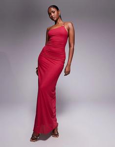 Длинное платье ASOS DESIGN с асимметричным лифом, двумя бретелями, золотой отделкой и сборками из сетки красного цвета