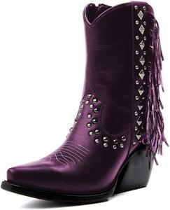 Женские ковбойские сапоги Pazzion с кисточками, острым носком, средним каблуком-блоком, боковой молнией и заклепками, сапожки до середины голени, для вечеринок и праздников, размеры 4-16 US, Purple
