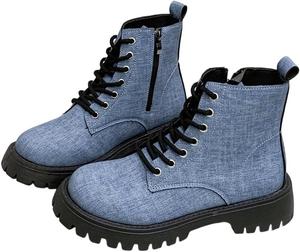 Женские джинсовые боевые ботинки на шнуровке с платформой, низкий каблук, боковая молния, модная обувь Generic, Blue