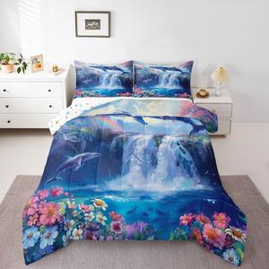 Erosebridal Комплект постельного белья Shark с океаническим принтом для детей, эстетичный пейзажный дизайн, Blue Pink