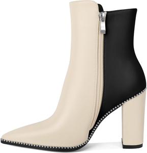 Younton Женские короткие ботильоны с заостренным носком, декорированные бусинами, массивным каблуком 3,7 дюйма и боковой молнией