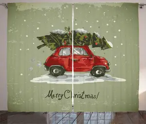 Праздничная/рождественская штора в деревенском стиле ABAKUHAUS, Елка на машине, универсальная тесьма для гостиной с петлями и крючками, 280 x 225 см, зеленый/темно-лососевый Abakuhaus