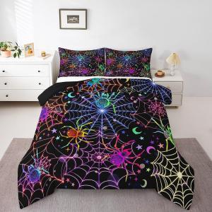 Erosebridal Комплект постельного белья Happy Halloween с паутиной и неоновыми пауками в готическом стиле, Purple Green