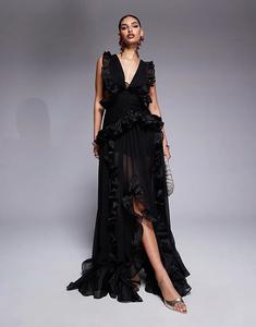 Платье макси ASOS LUXE с глубоким декольте, шифоновой отделкой и открытой спиной черного цвета