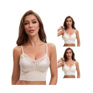 3 упаковки женских укороченных топов-ками с V-образным вырезом, кружевной отделкой и встроенным бюстгальтером Inspire Chic, White Khaki