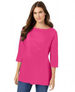 Футболка большого размера с рукавами три четверти и вырезом-лодочкой Woman Within, Raspberry sorbet