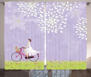 Штора ABAKUHAUS в деревенском стиле с рисунком девочки, едущей на велосипеде, универсальная ленточная штора для гостиной с петлями и крючками, 280 x 175 см, цвет: яблочно-зеленый, лавандовый Abakuhaus