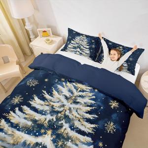 Erosebridal Комплект постельного белья с новогодним декором белая блестящая снежинка для детей и взрослых, Navy Blue Gold White