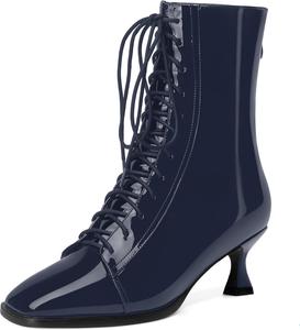 Женские ботинки MODENCOCO с квадратным носком, на молнии, шнуровке, из лакированной кожи, с низким каблуком-китен, высоким голенищем, 5 см, Navy Blue
