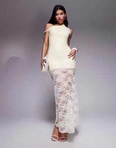 Эксклюзивное двухслойное облегающее платье Kaiia с открытыми плечами и асимметричной прозрачной кружевной юбкой макси лимонного цвета