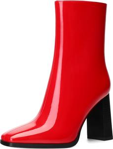 Женские ботильоны, короткие сапоги на высоком квадратном каблуке для женщин, модные сапоги средней высоты с боковой молнией и массивным каблуком 3,5 дюйма MISEZOXI, Red Patent