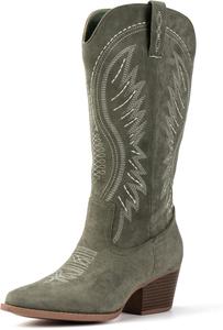 Женские ботильоны из замши с однотонным цветом, вышивкой и боковой молнией, на высоком каблуке с наклонным каблуком, универсальные и стильные, ковбойские Fomoti, Green