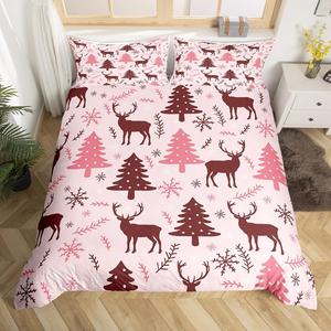 Erosebridal Комплект постельного белья с новогодним принтом розовые елки и олени в снегу, Pink White