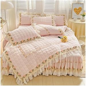 Generic Комплект постельного белья бархатный из парчи в стиле принцессы с кружевными рюшами и стеганой юбкой One Color