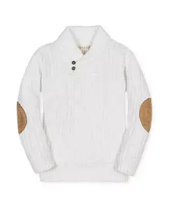 Мальчиковый органический свитер с длинным рукавом, шальным воротником, косой вязкой и нашивками на локтях Hope & Henry, белый