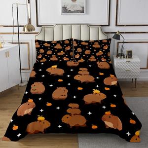 Erosebridal Комплект постельного белья Kawaii Capybara с мультяшными животными в черно-коричневой расцветке, Black